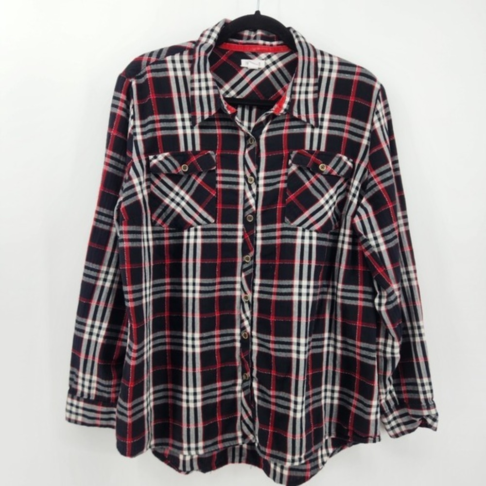 Westport XL Plaid Shirt Black Red White Roll Tab Long Sleeve Button Down